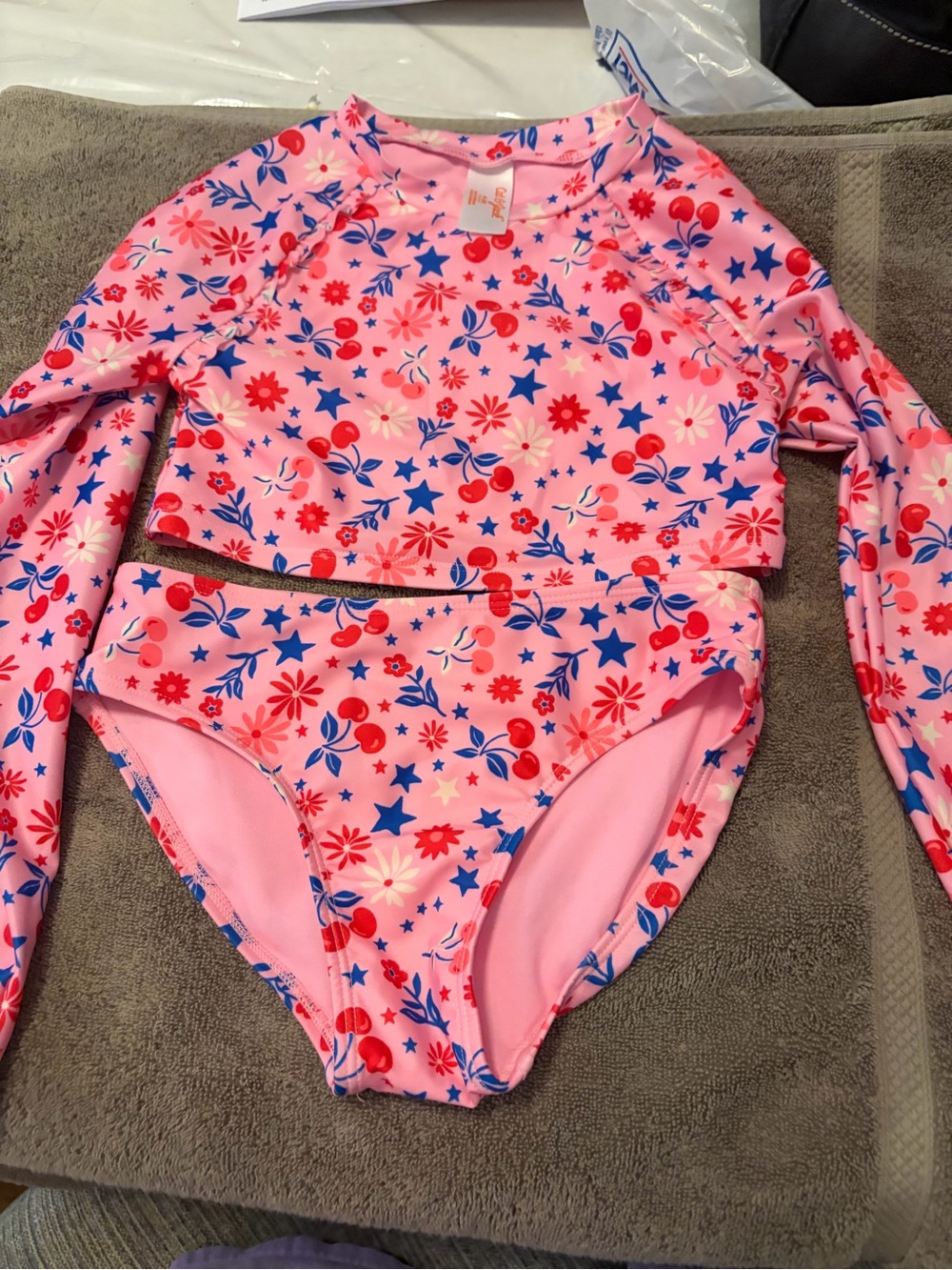 Girls' Pink Floral & Star Long-Sleeve Rash Guard Bikini Set NWT girl’s size 8